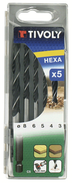 Coffret 5 forets bois hexagonaux Ø3-4-5-6-8 mm - TIVOLY