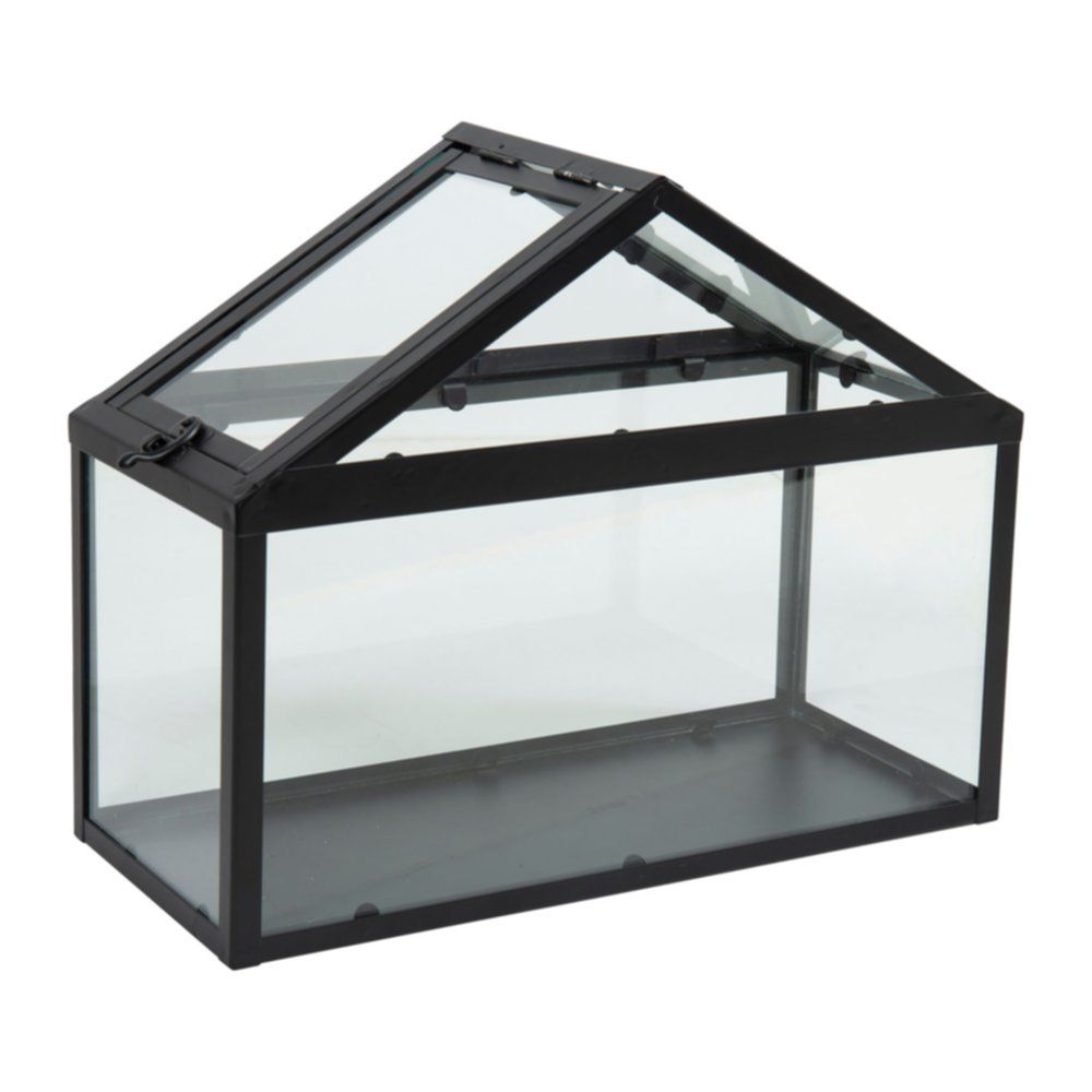 Mini serre maison en verre/métal noir 30,5 x 24,4 x 13,40 cm
