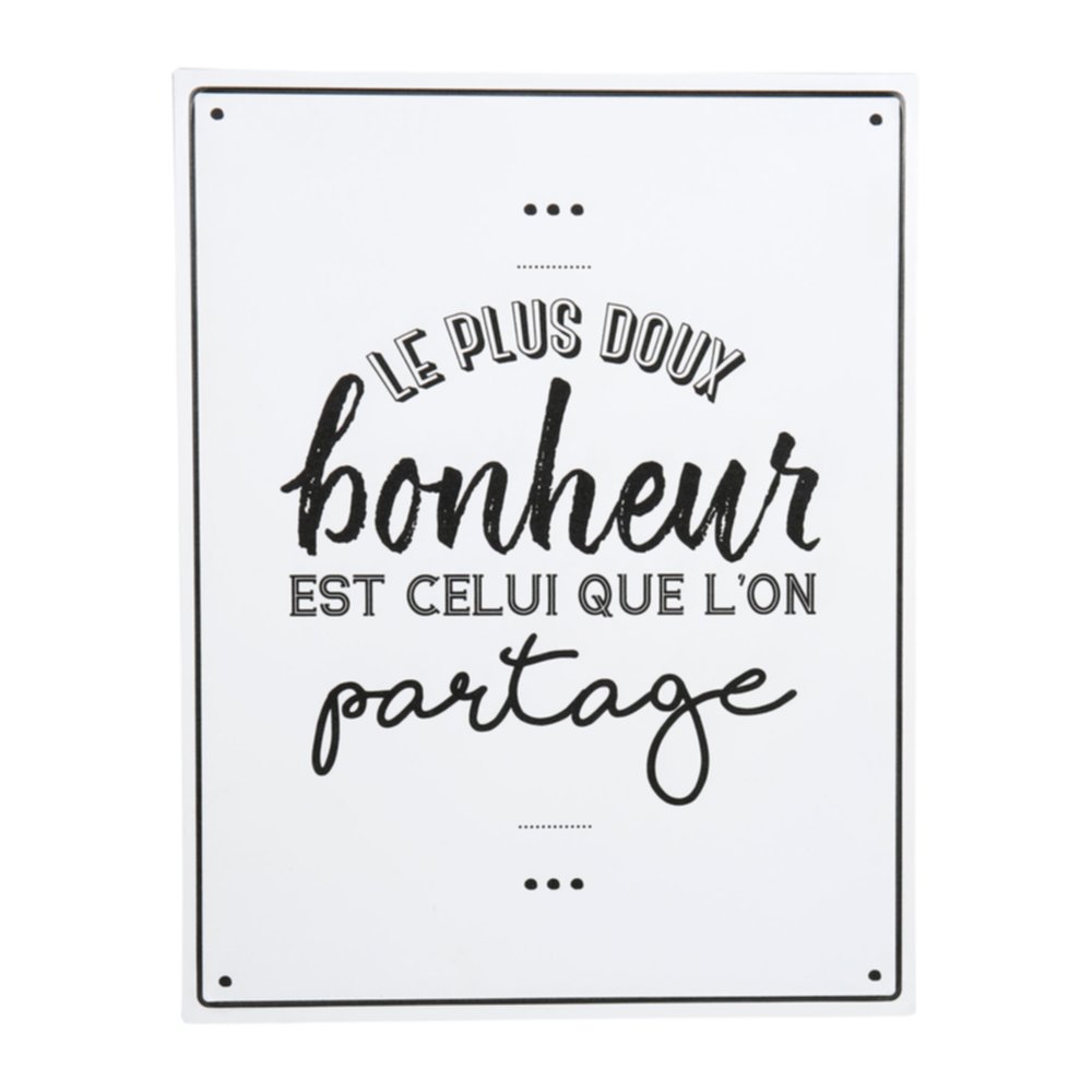 Plaque décorative métal Bonheur 35 x 45 cm blanche - OSTARIA