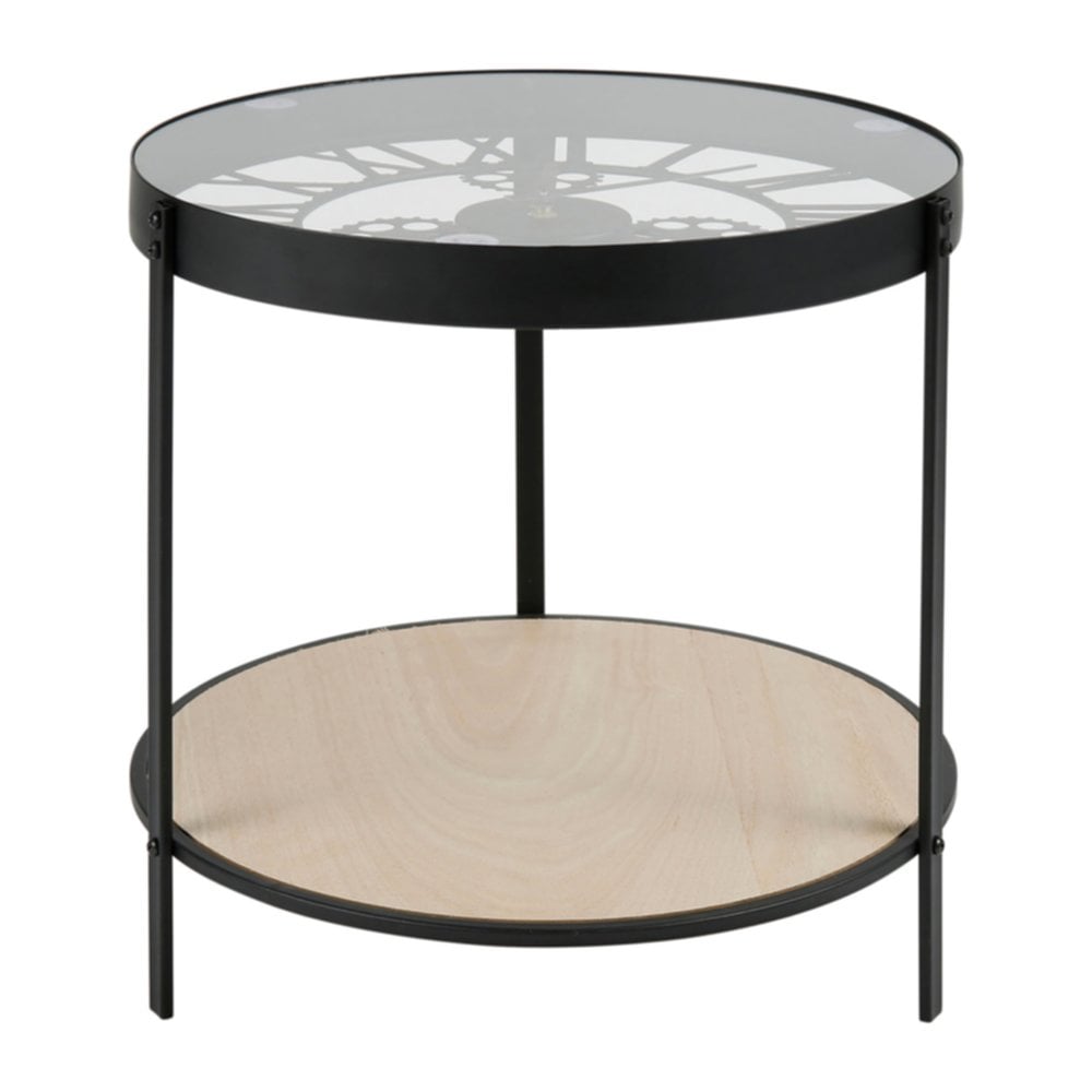 Table Métal Verre/Bois Horloge Noire 40x39x39cm