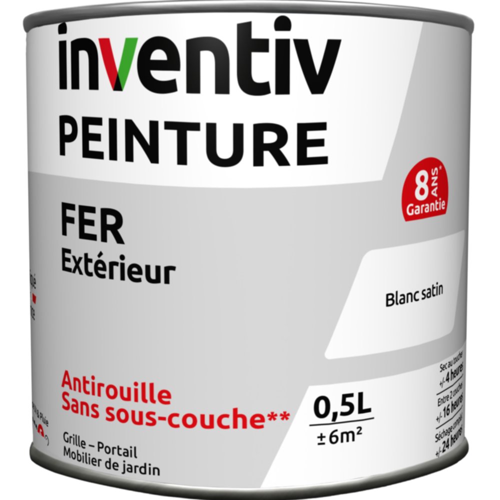 Peinture extérieure fer Garantie 8 ans blanc satin 0,5 L - INVENTIV