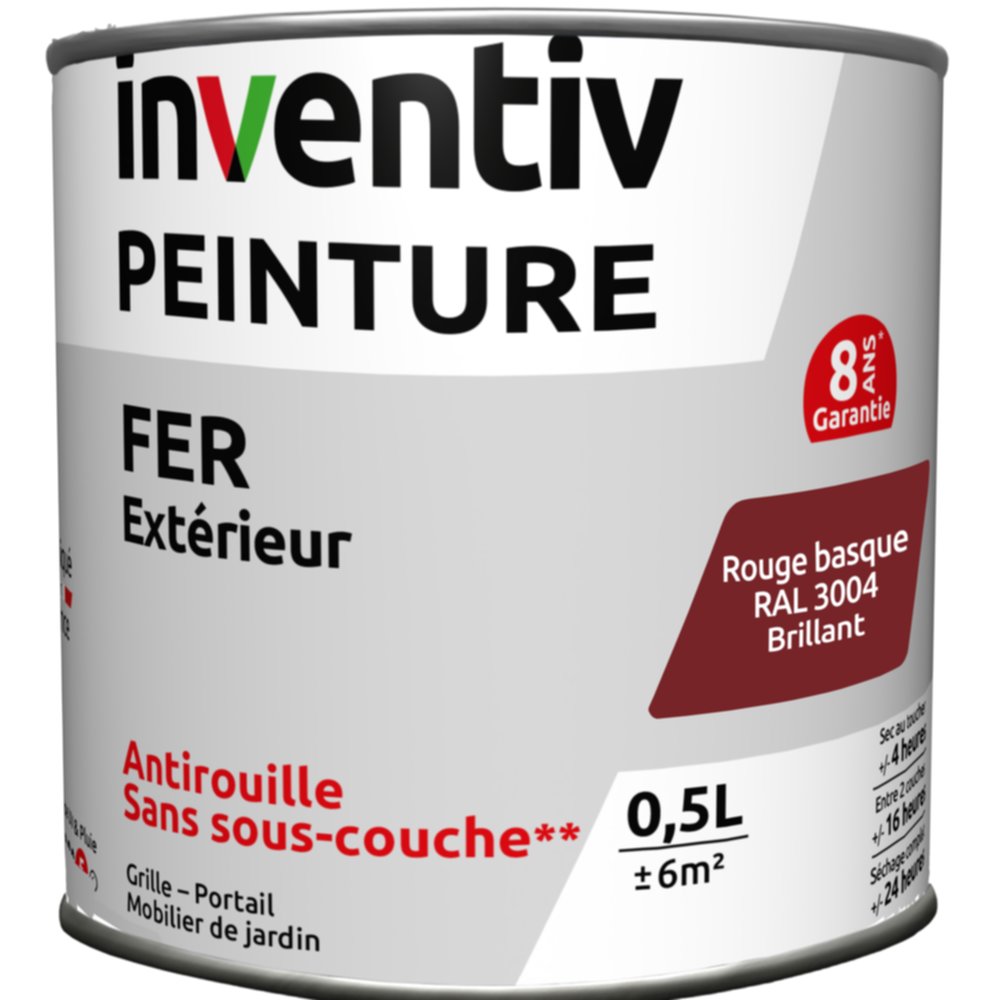 Peinture extérieure fer Garantie 8 ans rouge basque brillant 0,5 L - INVENTIV