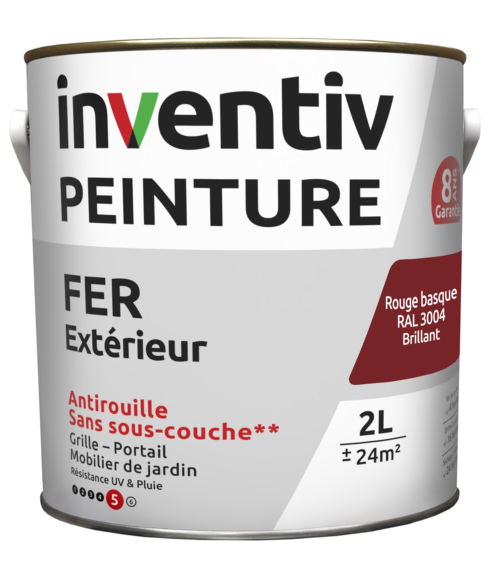 Peinture extérieure fer Garantie 8 ans rouge basque brillant 2 L - INVENTIV