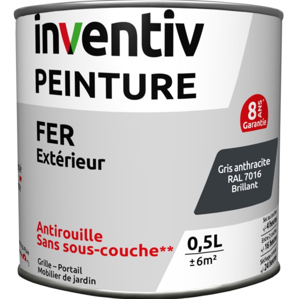 Peinture extérieure fer Garantie 8 ans gris anthracite brillant 0,5 L - INVENTIV