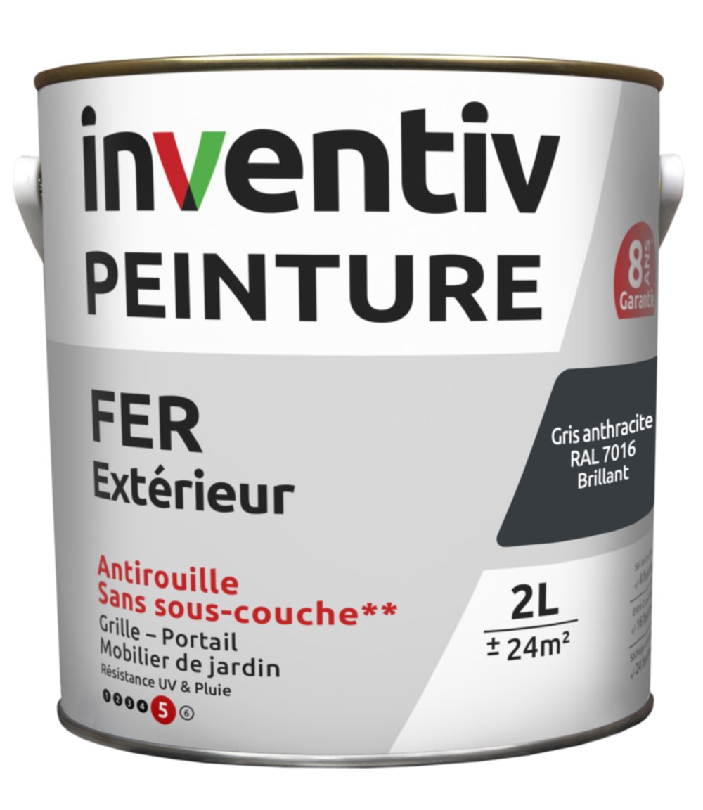 Peinture extérieure fer Garantie 8 ans gris anthracite brillant 2 L - INVENTIV