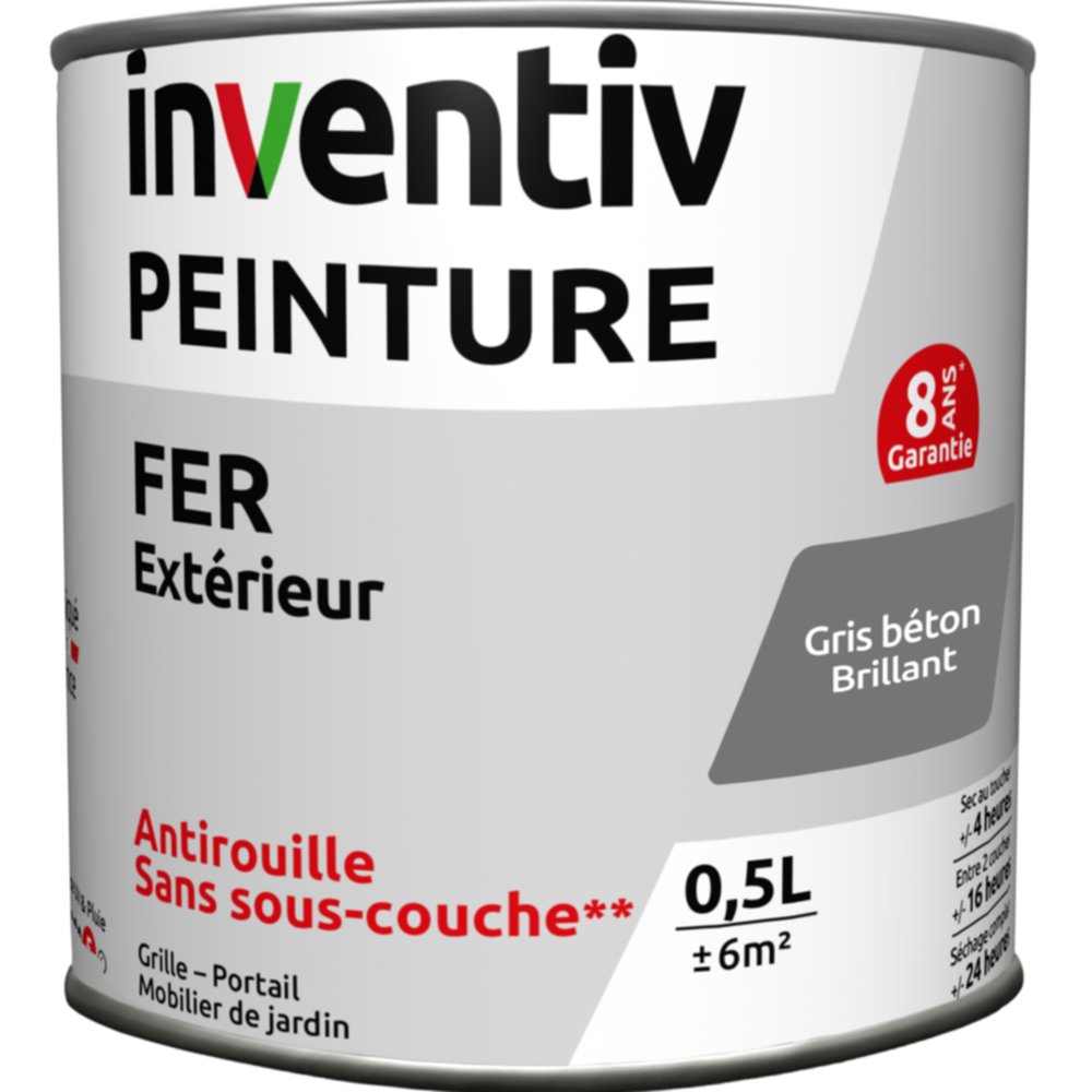 Peinture extérieure fer Garantie 8 ans gris béton brillant 0,5 L - INVENTIV