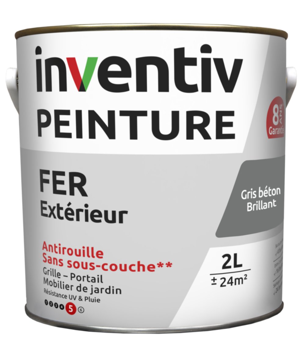 Peinture extérieure fer Garantie 8 ans gris béton brillant 2 L - INVENTIV