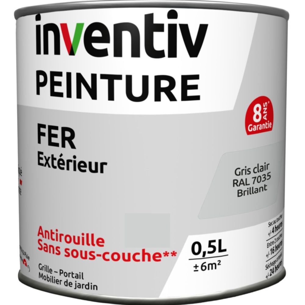 Peinture extérieure fer Garantie 8 ans gris clair brillant 0,5 L - INVENTIV