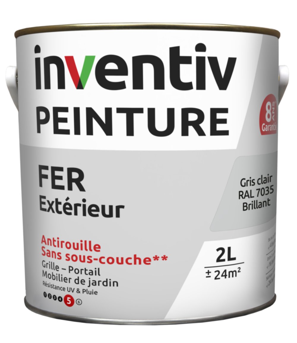 Peinture extérieure fer Garantie 8 ans gris clair brillant 2 L - INVENTIV