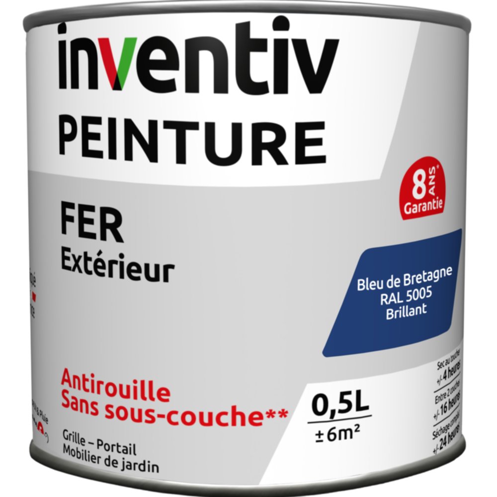 Peinture extérieure fer Garantie 8 ans bleu breton brillant 0,5 L - INVENTIV