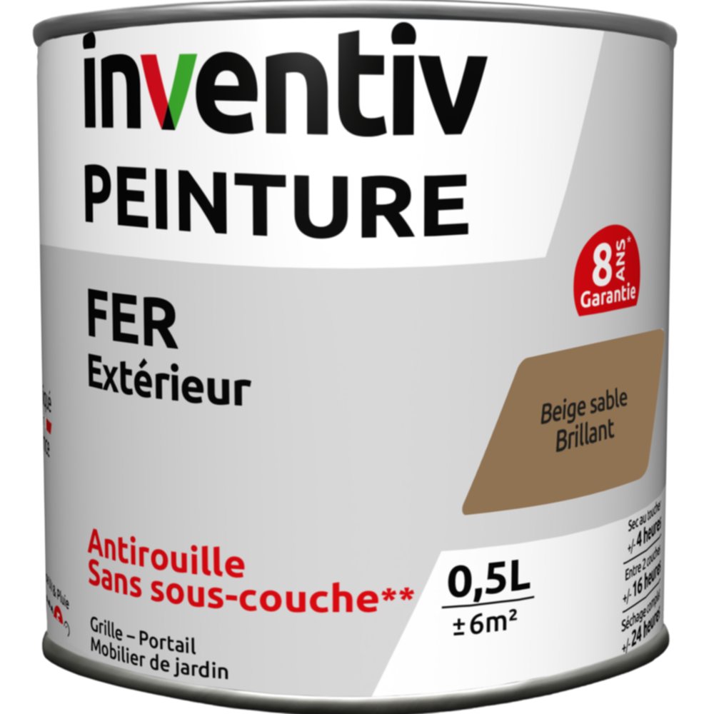 Peinture extérieure fer Garantie 8 ans beige sable brillant 0,5 L - INVENTIV