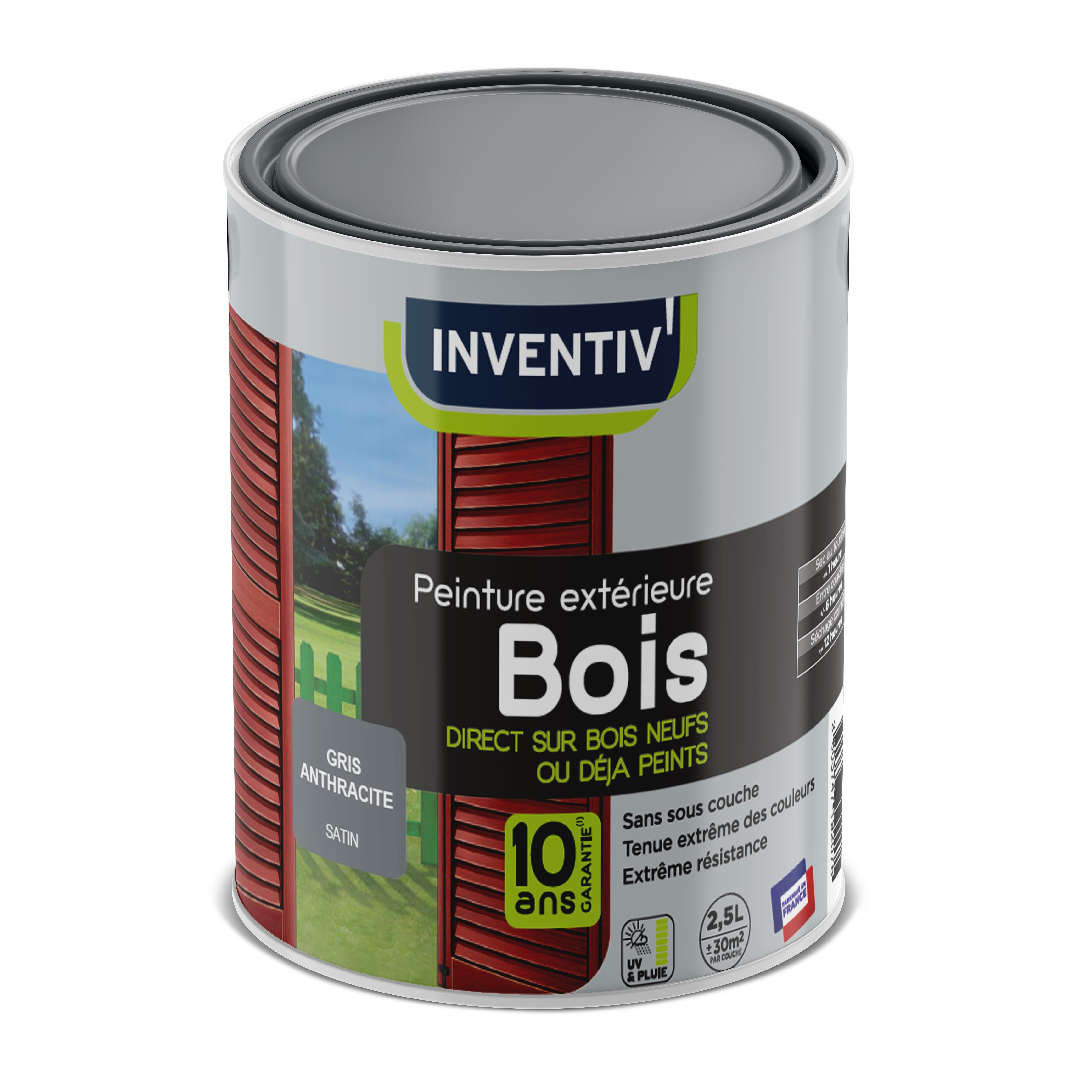 Peinture bois gris anthracite satin 6 ans 2,5 L - INVENTIV