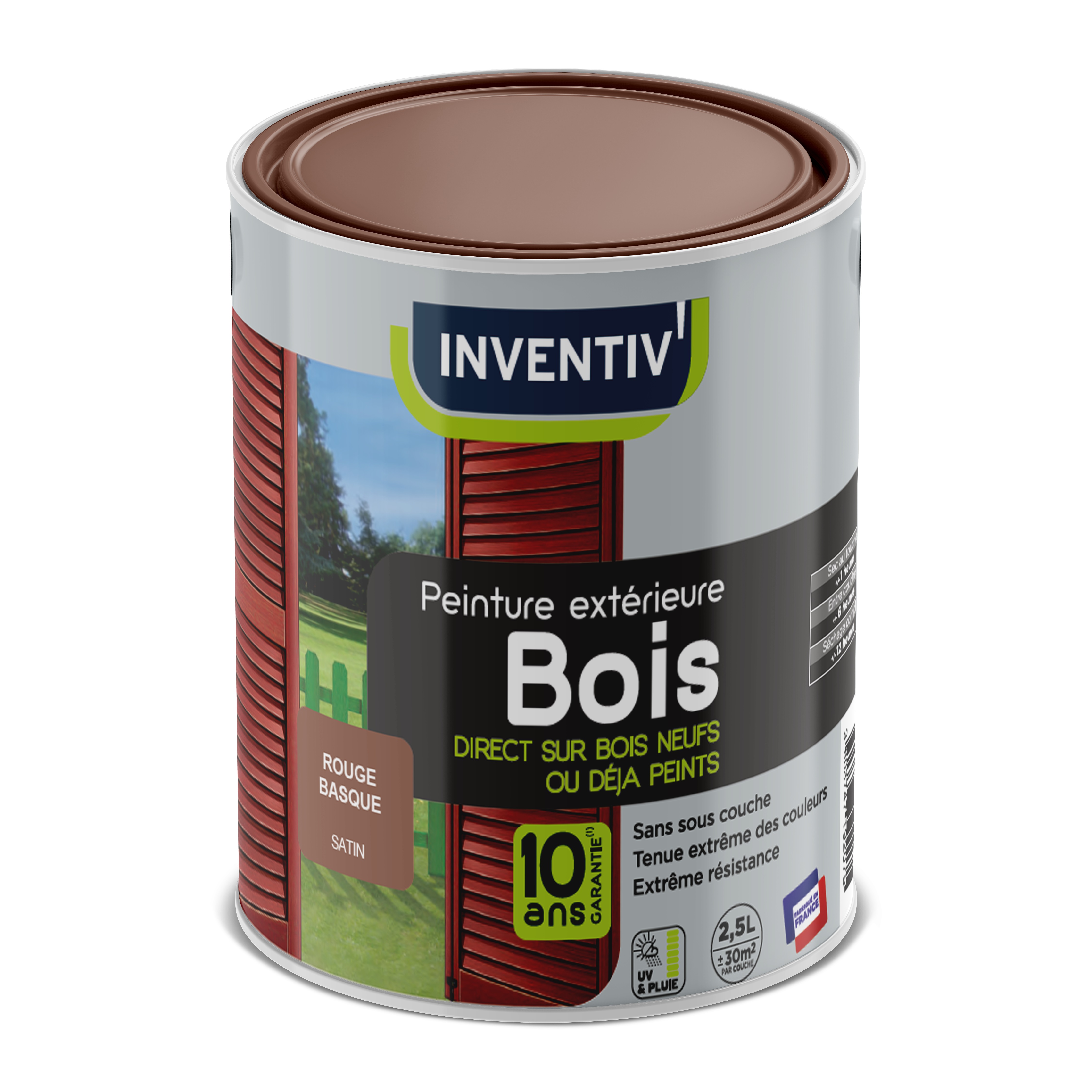 Peinture bois rouge satin 6 ans 2,5 L - INVENTIV