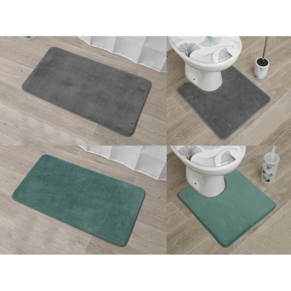 2 tapis microfibre 45 x 75 cm + contour WC uni gris ou vert Tokyo - TENDANCE