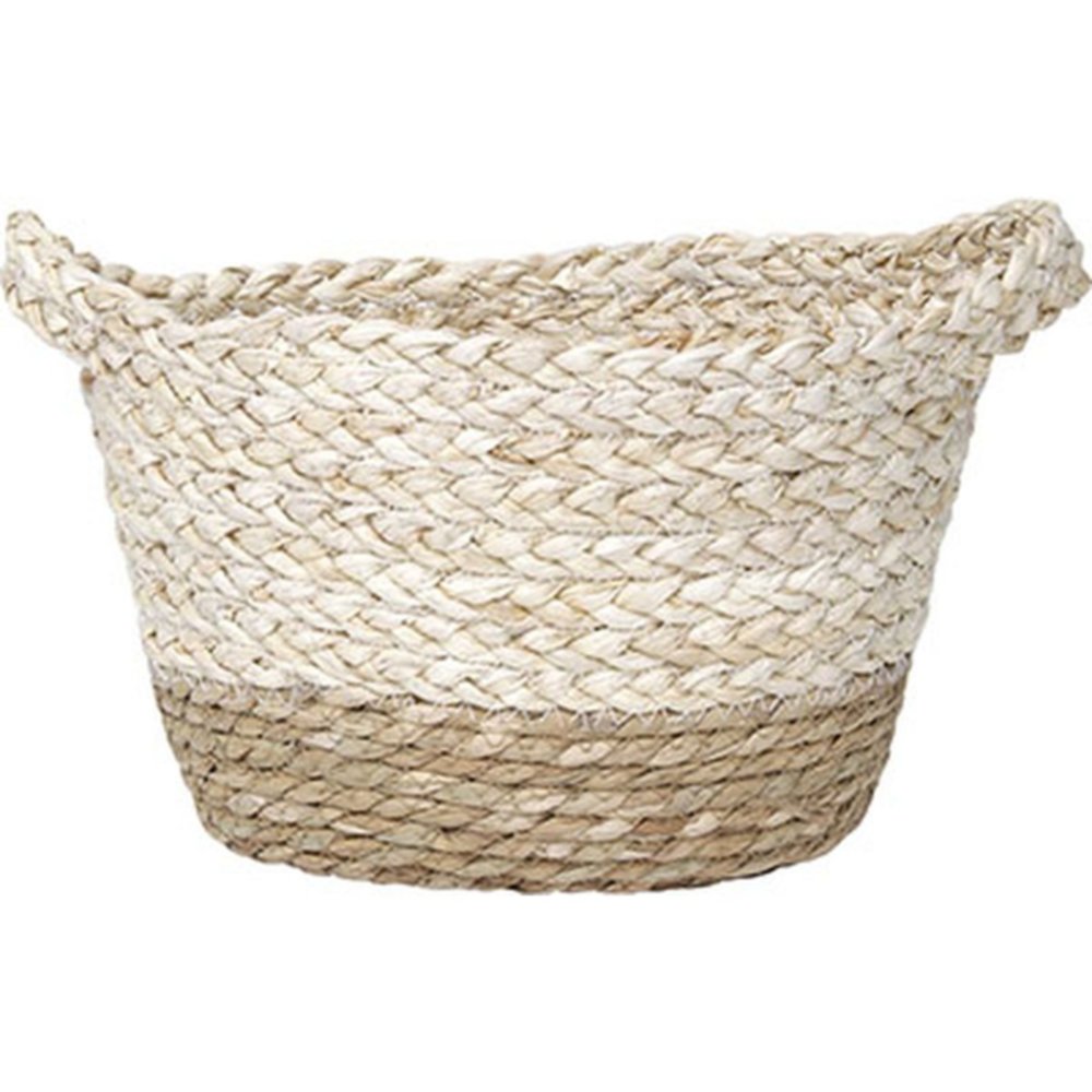 Panier oval à pompons naturel/blanc moyen - TENDANCE