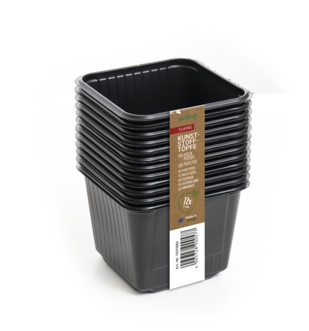 12 pots en plastique 9 cm carré noir en filet - ROMBERG