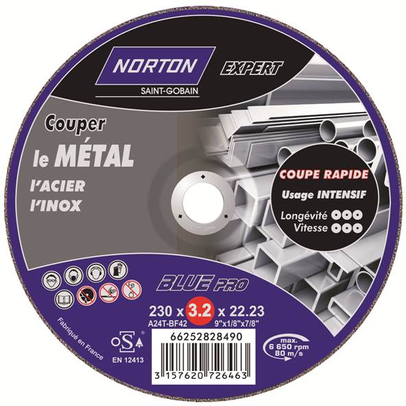 Disques de tronçonnage Métal/ Inox Ø230x3,2x22,2mm - NORTON