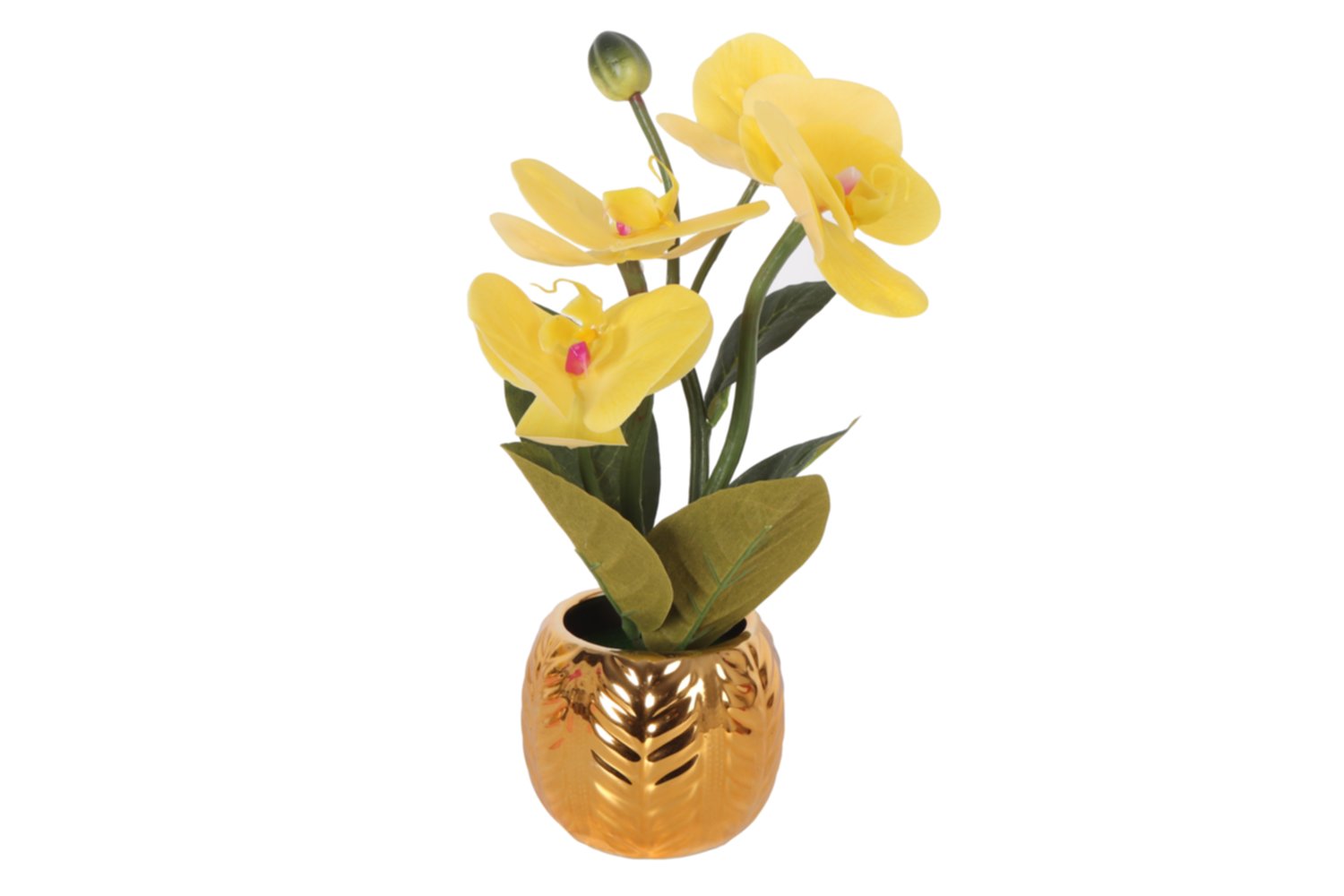 Orchidée jaune artificielle pot céramique doré Ø10 x 26,5 cm
