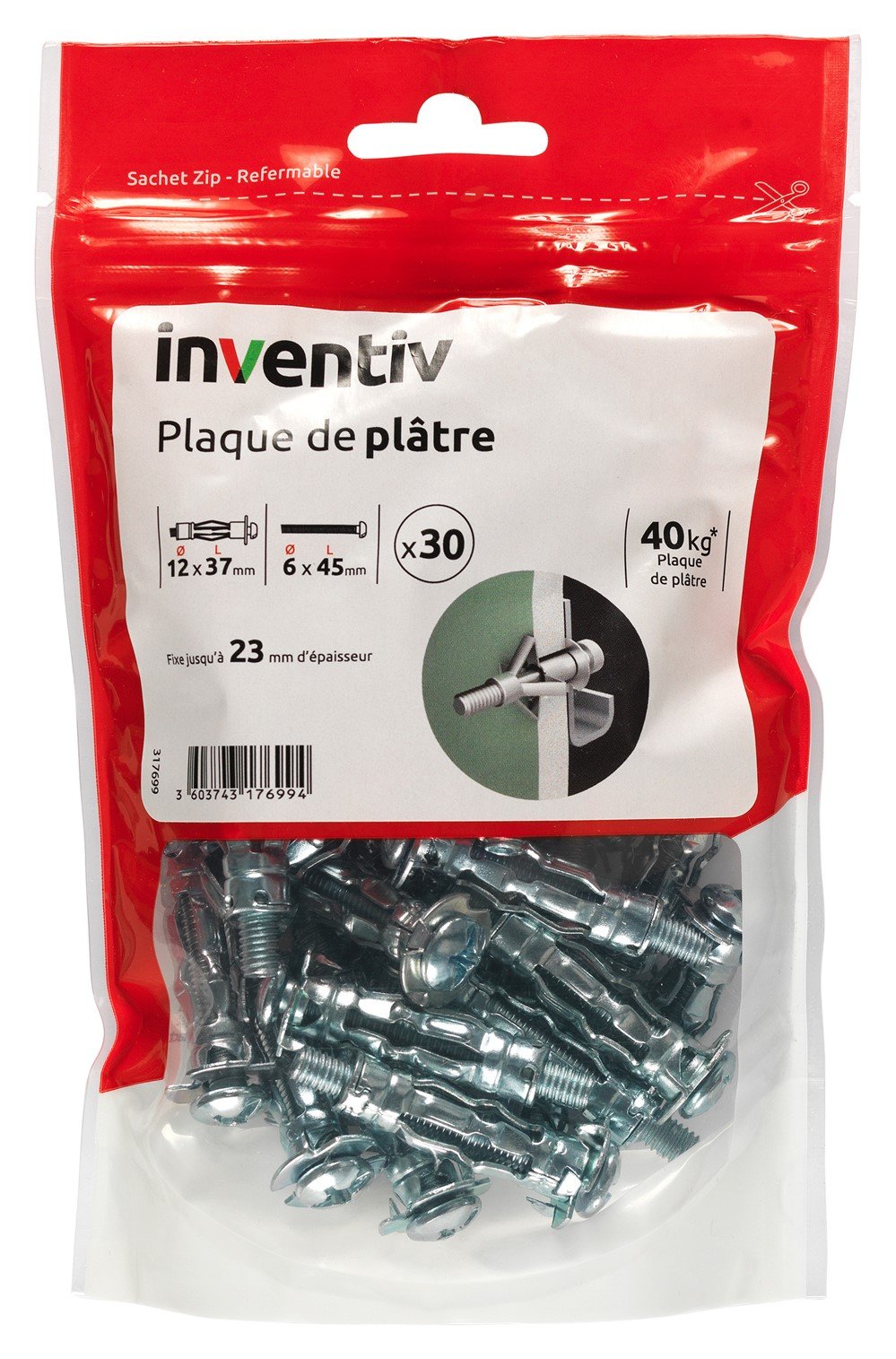 30 Chevilles Plaque Plâtre Ø12x37mm + Vis TR Ø6x45mm - INVENTIV