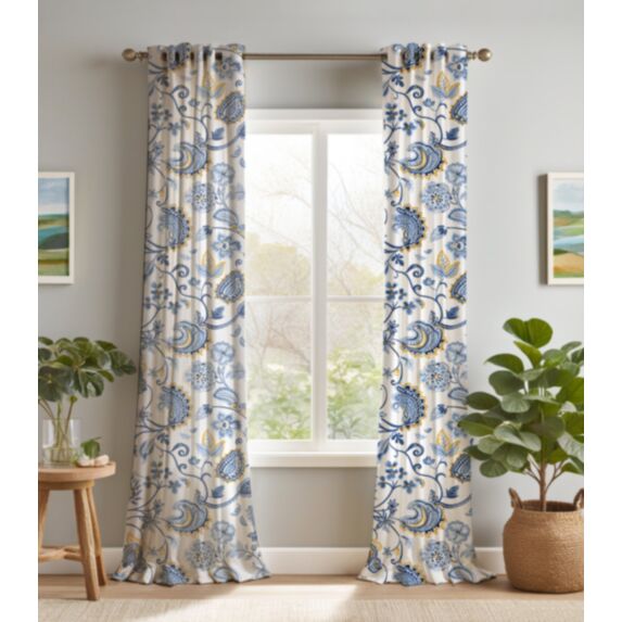 Rideau imprimé Vintage 140x240cm bleu et jaune - MAISON BONHEUR