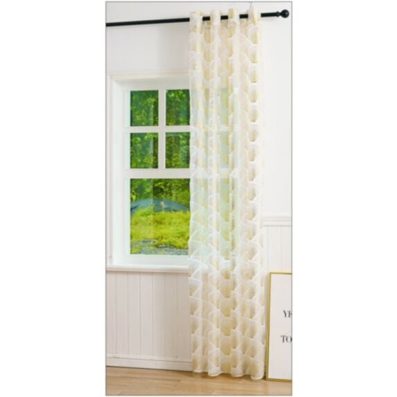 Voilage imprimé motif éventail 140x180cm blanc doré