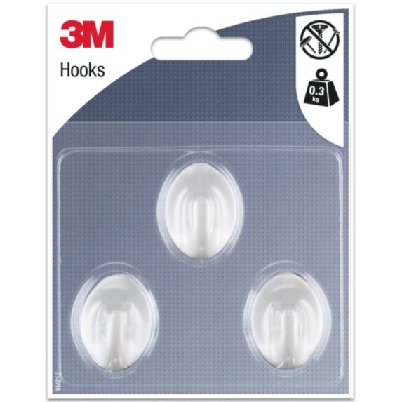 3 crochets adhésifs ovales en plastique blanc Petit modèle - 3M
