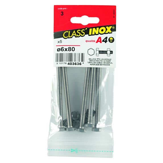 Boulons tête homme x 5 inox A4 6x80 - VYNEX