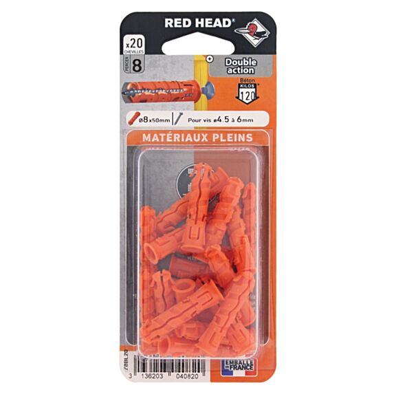 20 Chevilles Ztech Matériaux Pleins Ø8x50mm - RED HEAD