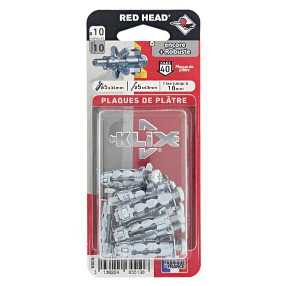 10 Chevilles Klix Métalliques Ø5x34mm + Vis TR Ø5x40mm - RED HEAD
