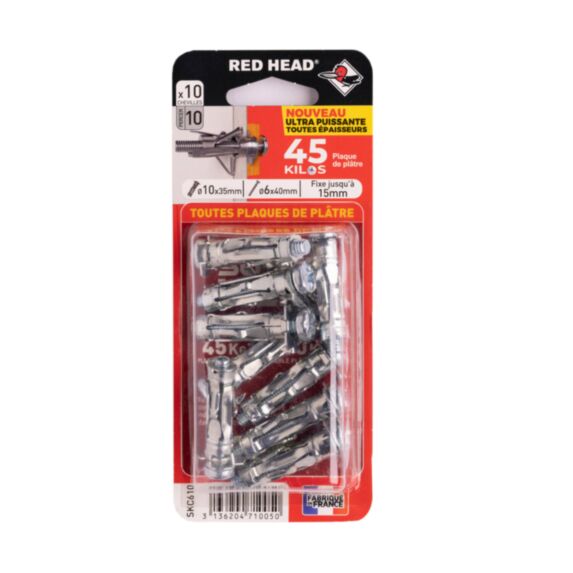 10 chevilles Superklix Ø10 x 35 mm + vis TR Ø6 x 40 mm - RED HEAD