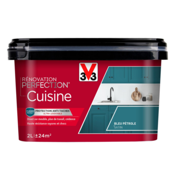 Peinture rénovation cuisine Perfection bleu pétrole satin 2L - V33