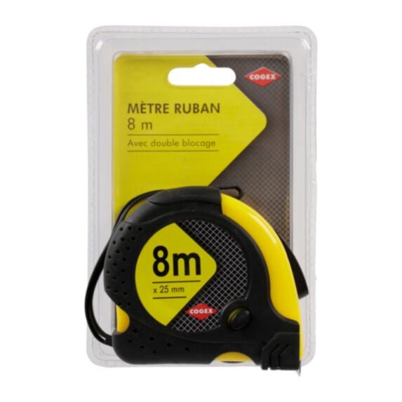 Mètre ruban 8m x 25mm boîtier bi-matière avec double blocage noir/jaune