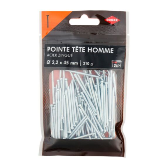 Pointe t. tête homme acier zingué Ø2,2x45mm - COGEX