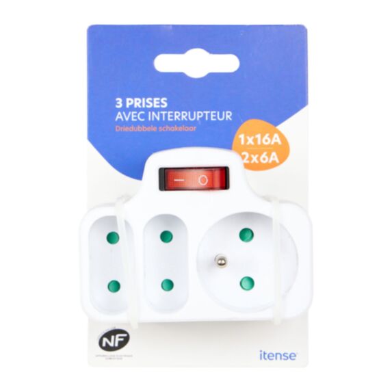 Fiche triple 1x16A +2x6A avec interrupteur blanc - COGEX