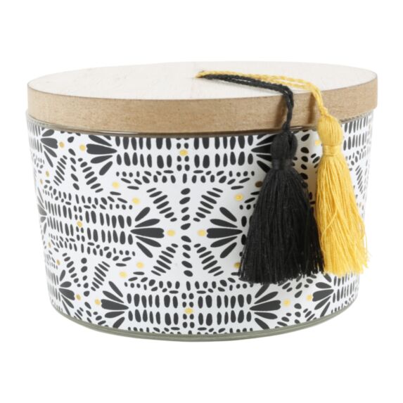 Bougie Sokya 3 mèches verre pot motif noir/jaune Ø10,5cm - OSTARIA