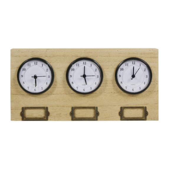 Horloge triple fuseaux métal/bois beige 17x17cm - OSTARIA