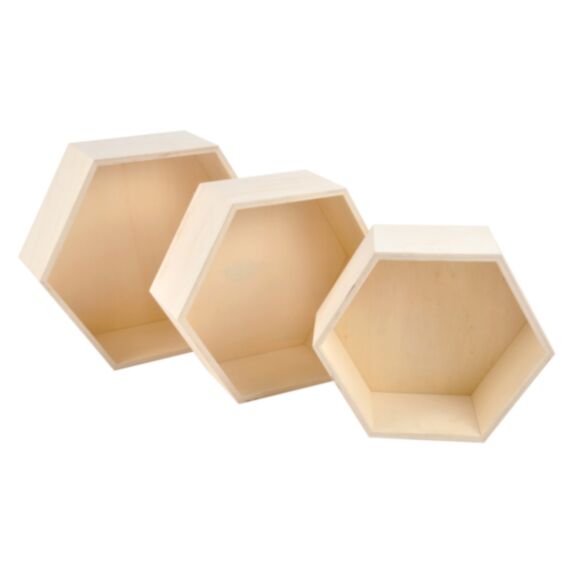 Set de 3 étagères gigognes hexagonales 24x27x30,5cm bois naturel à décorer - HOMEA