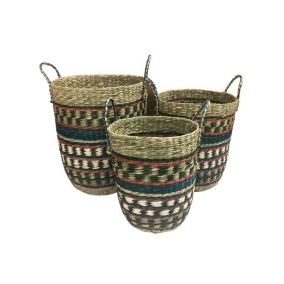 Panier tressé jonc de mer bleu/vert Ø33/26 x H40/50cm - KB8