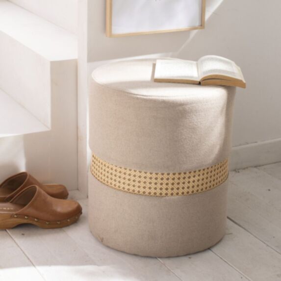 Pouf Ø35 x 40 cm cannage/tissu beige - LA FACTORY