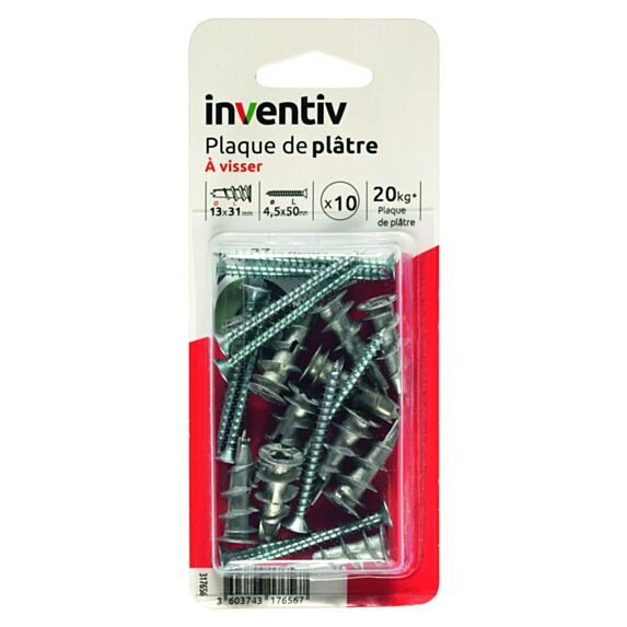 10 Chevilles Métal à Visser + Vis TF Ø4,5x50mm - INVENTIV