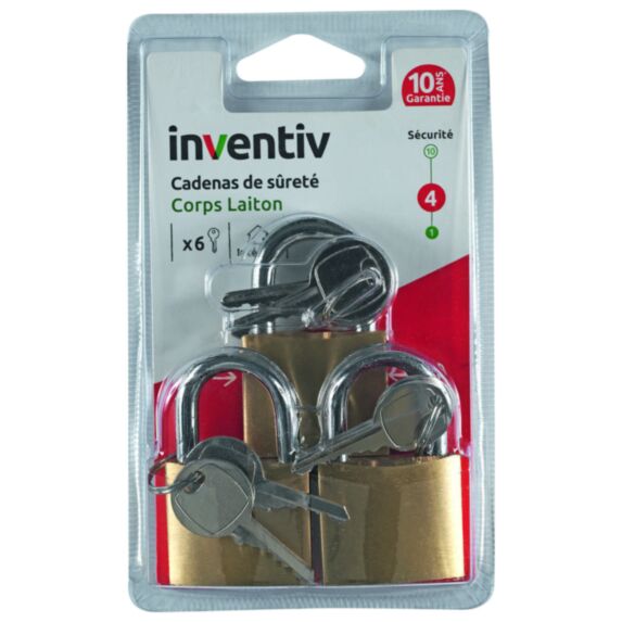 3 Cadenas + 2 Clés Laiton 40mm - INVENTIV