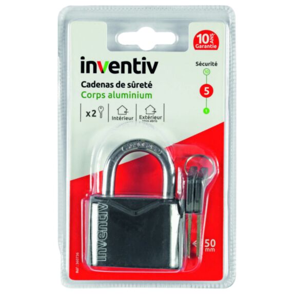 Cadenas aluminium gaine 50mm noir 2 clés - INVENTIV