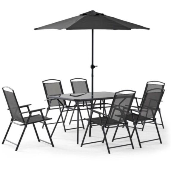 Salon de jardin table et 6 chaises pliantes avec parasol central - OVIALA