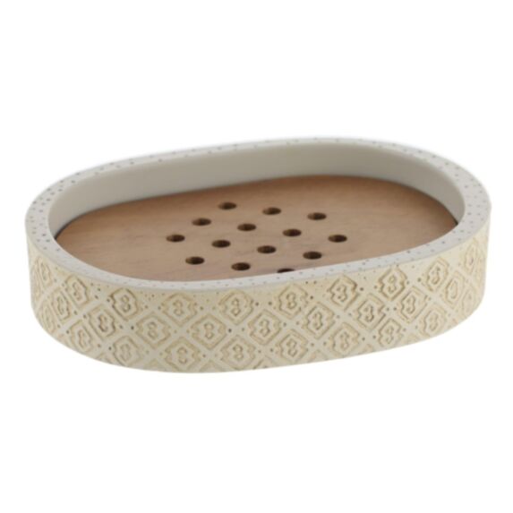 Porte-savon polyresine gravé naturel/acacia - TENDANCE