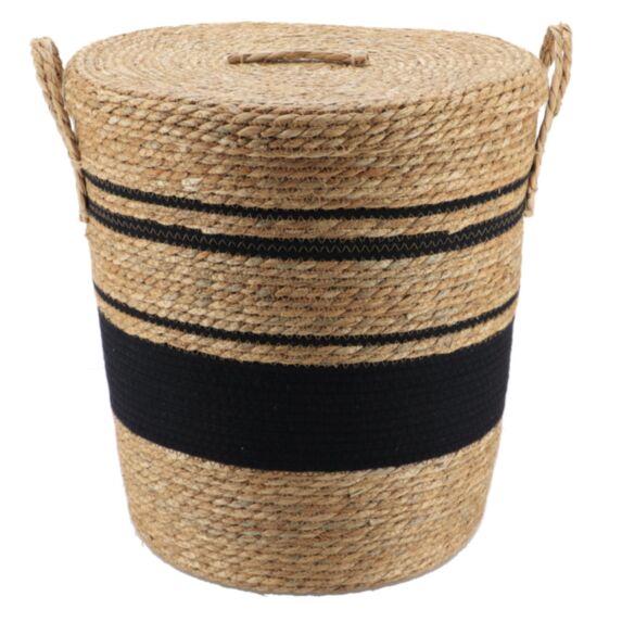 Panier à linge paille/coton Naturel/Noir D42x48cm - TENDANCE