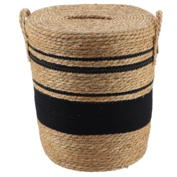 Panier à linge Paille/coton Naturel/Noir Ø37x43cm - TENDANCE
