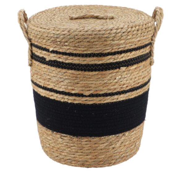 Panier à linge paille/coton Naturel/Noir Ø32x38cm - TENDANCE