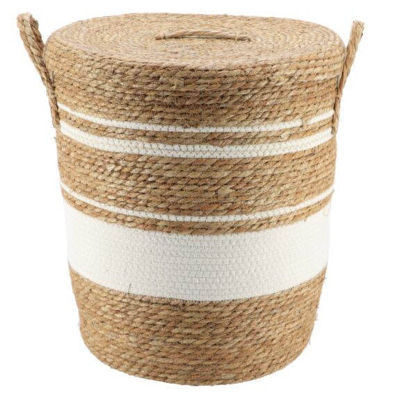Panier à linge Paille/coton Naturel/Blanc D42xH48cm - TENDANCE