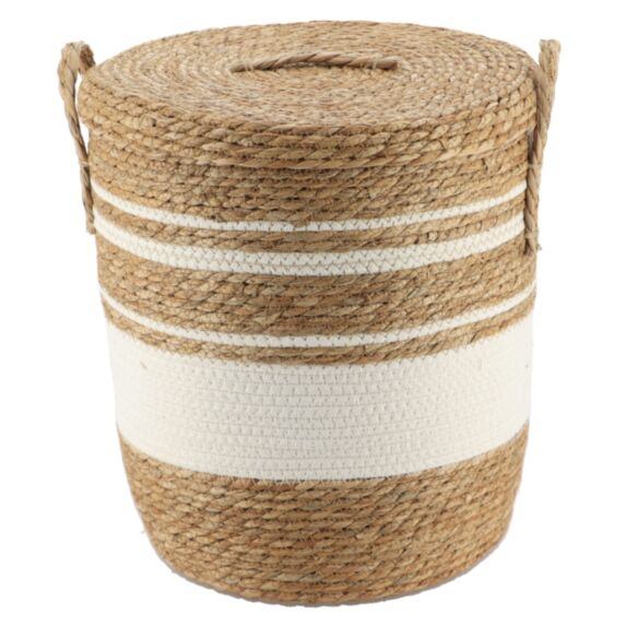 Panier à linge Paille/coton Naturel/Blanc D37x43cm - TENDANCE