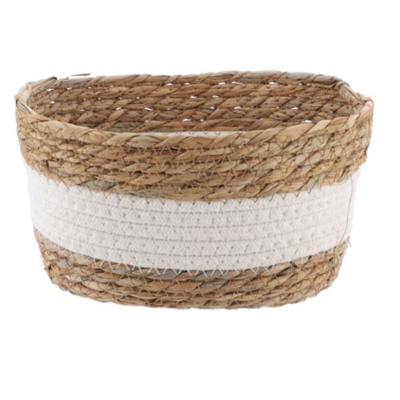 Panier paille/coton naturel/blanc 23,5x16x12cm - TENDANCE
